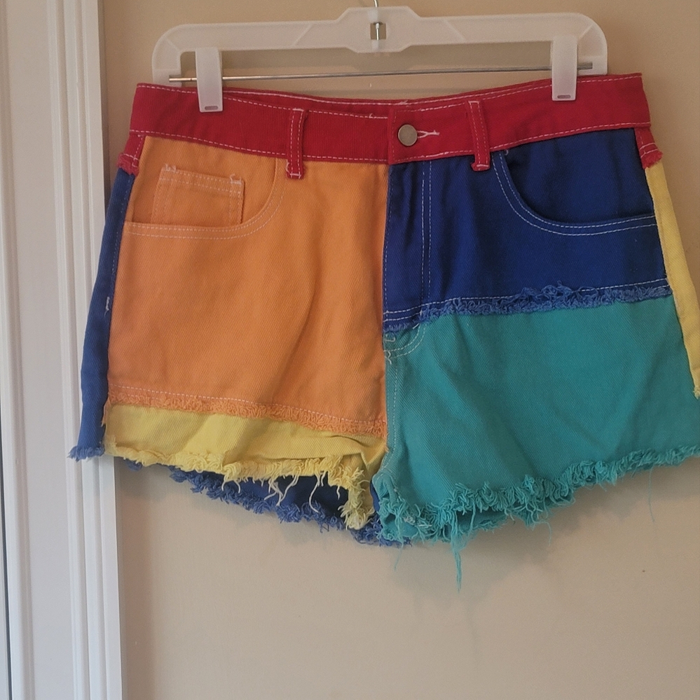 SHEIN Red Blue Mulit Patch Color Denim Shorts with Distressed Frayed Hem